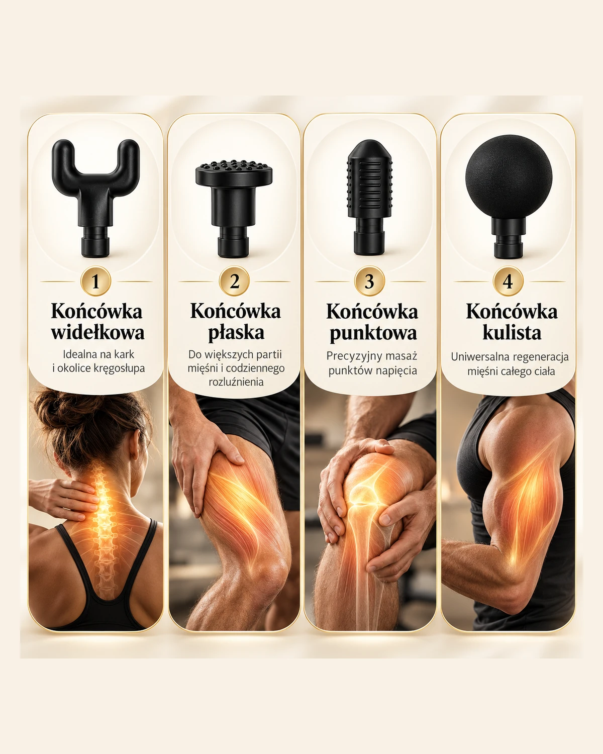 Infografika przedstawiająca cztery wymienne końcówki masażera i ich zastosowanie